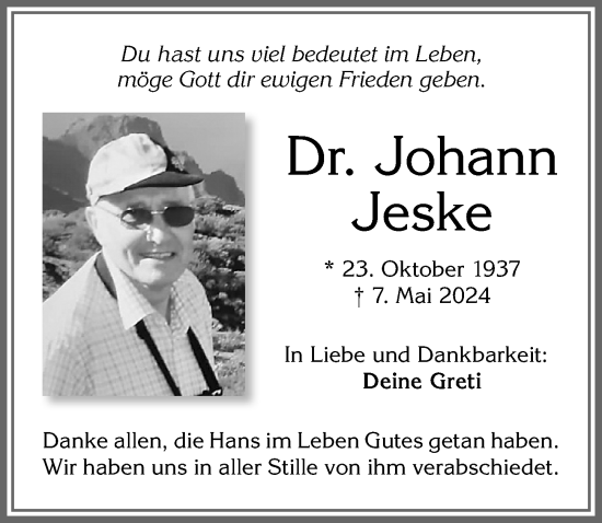 Traueranzeige von Johann Jeske von Allgäuer Zeitung, Füssen