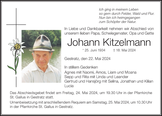 Traueranzeige von Johann Kitzelmann von Der Westallgäuer