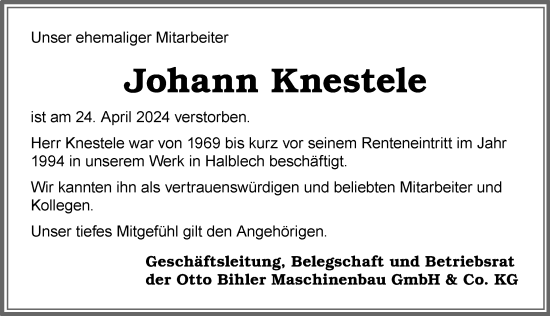 Traueranzeige von Johann Knestele von Allgäuer Zeitung, Füssen