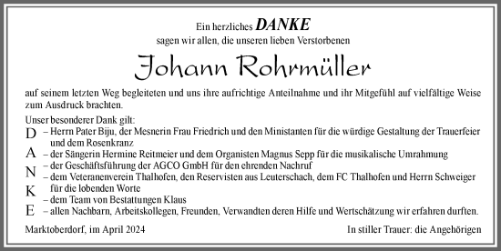 Traueranzeige von Johann Rohrmüller von Allgäuer Zeitung, Marktoberdorf