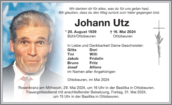 Traueranzeige von Johann Utz von Memminger Zeitung