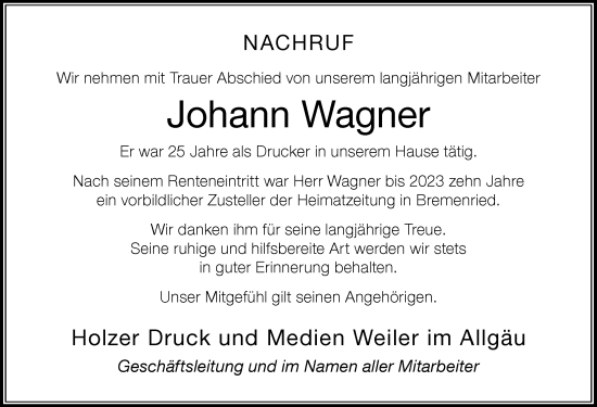 Traueranzeige von Johann Wagner von Der Westallgäuer