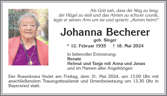 Traueranzeige von Johanna Becherer von Allgäuer Zeitung, Kaufbeuren/Buchloe