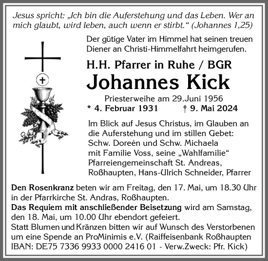 Traueranzeige von Johannes Kick von Allgäuer Zeitung, Füssen