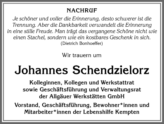 Traueranzeige von Johannes Schendzielorz von Allgäuer Zeitung,Kempten