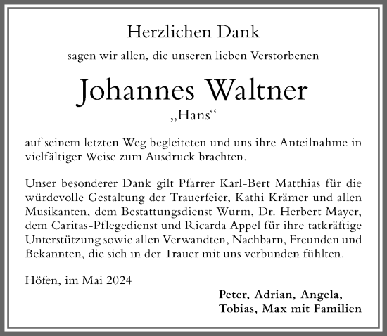 Traueranzeige von Johannes Waltner von Allgäuer Anzeigeblatt