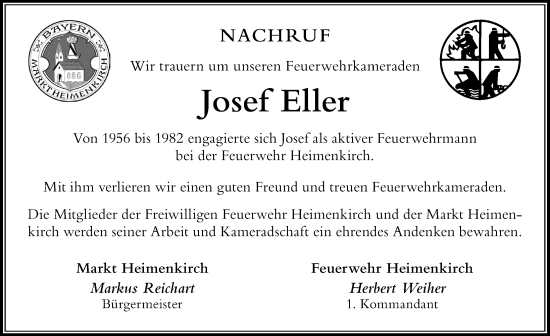 Traueranzeige von Josef Eller von Der Westallgäuer