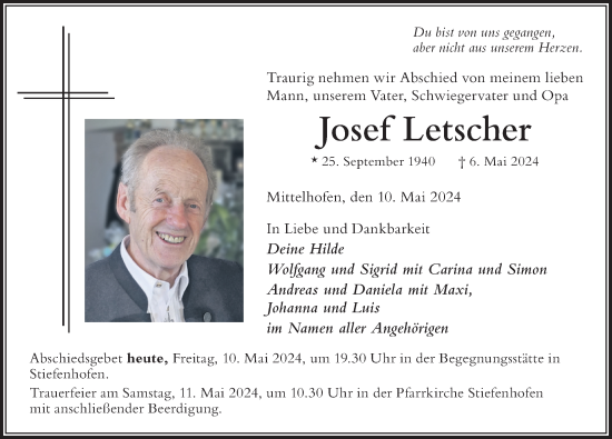 Traueranzeige von Josef Letscher von Der Westallgäuer