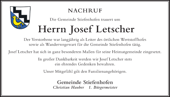 Traueranzeige von Josef Letscher von Der Westallgäuer