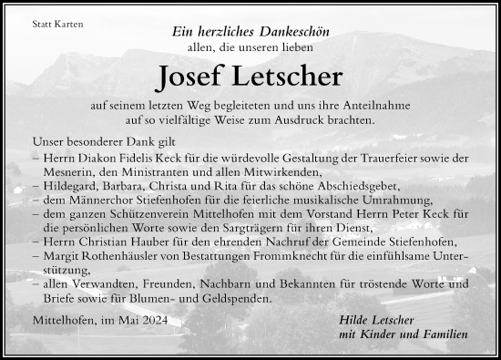 Traueranzeige von Josef Letscher von Der Westallgäuer