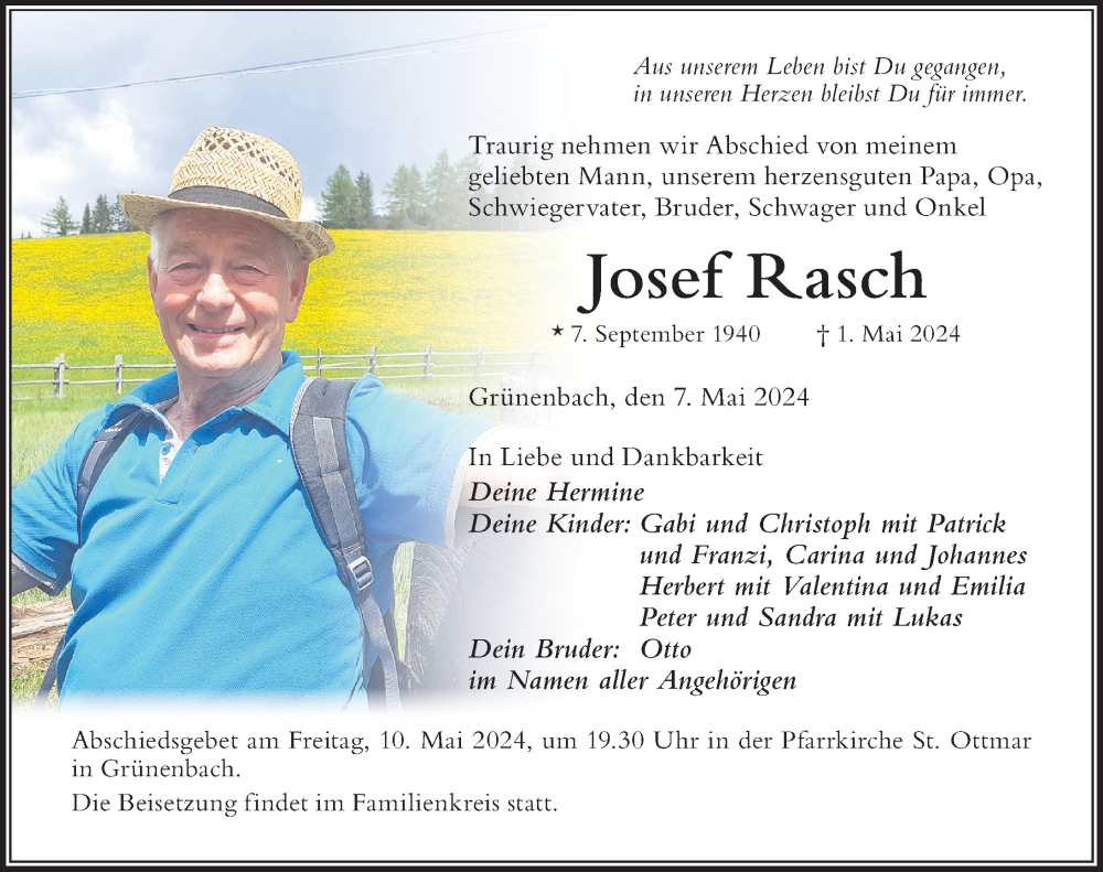  Traueranzeige für Josef Rasch vom 07.05.2024 aus Der Westallgäuer