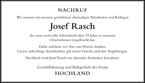 Traueranzeige von Josef Rasch von Der Westallgäuer