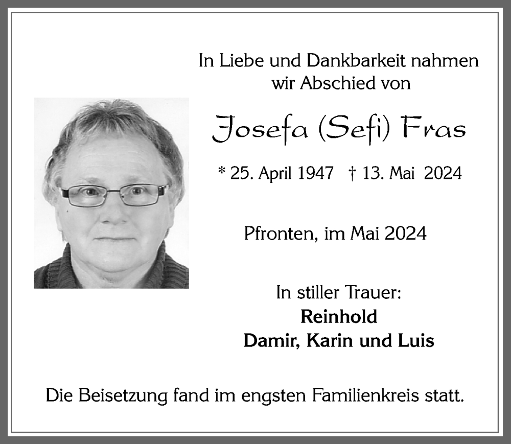 Traueranzeige für Josefa Fras vom 25.05.2024 aus Allgäuer Zeitung, Füssen