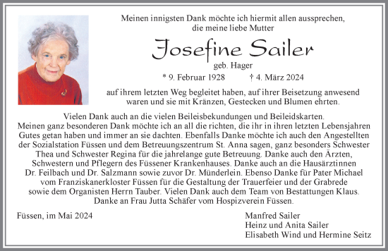 Traueranzeige von Josefine Sailer von Allgäuer Zeitung, Füssen