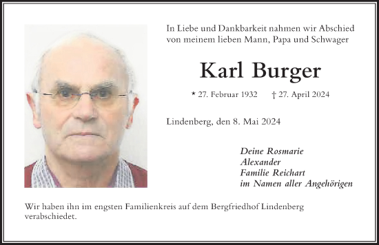 Traueranzeige von Karl Burger von Der Westallgäuer