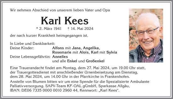 Traueranzeige von Karl Kees von Allgäuer Zeitung, Kaufbeuren/Buchloe