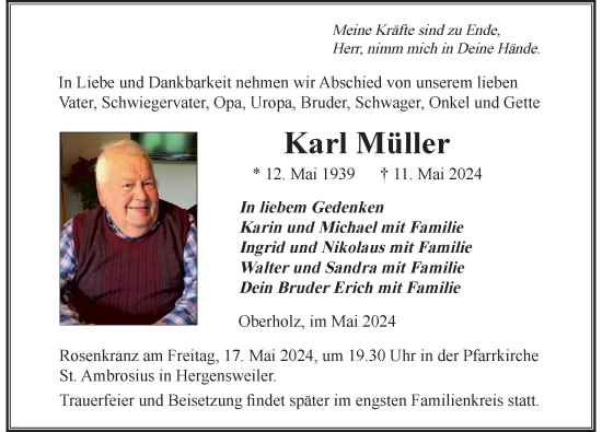 Traueranzeige von Karl Müller von Der Westallgäuer