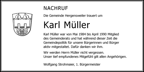 Traueranzeige von Karl Müller von Der Westallgäuer