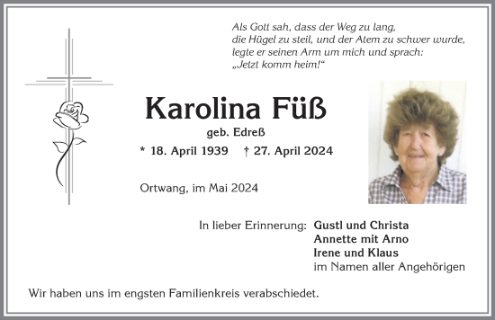 Traueranzeige von Karolina Füß von Allgäuer Anzeigeblatt