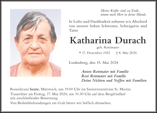 Traueranzeige von Katharina Durach von Der Westallgäuer