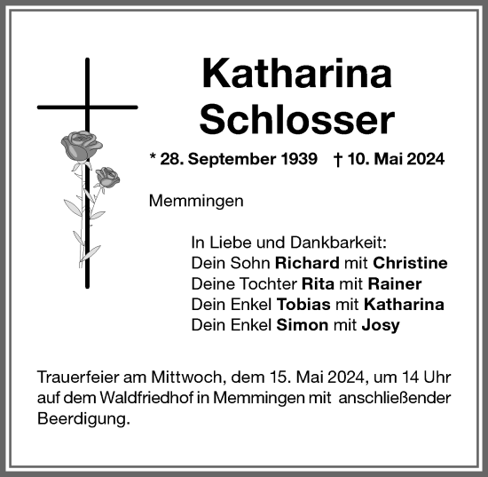 Traueranzeige von Katharina Schlosser von Memminger Zeitung