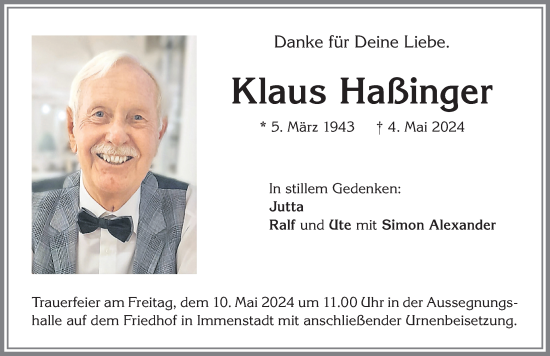 Traueranzeige von Klaus Haßinger von Allgäuer Anzeigeblatt