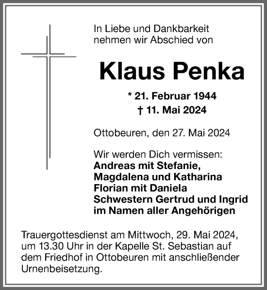 Traueranzeige von Klaus Penka von Memminger Zeitung