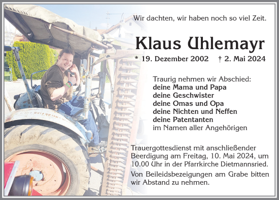 Traueranzeige von Klaus Uhlemayr von Allgäuer Zeitung,Kempten