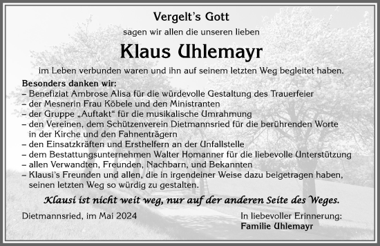 Traueranzeige von Klaus Uhlemayr von Allgäuer Zeitung,Kempten