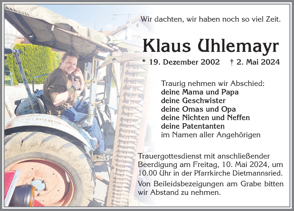  Traueranzeige für Klaus Uhlemayr vom 07.05.2024 aus Allgäuer Zeitung,Kempten