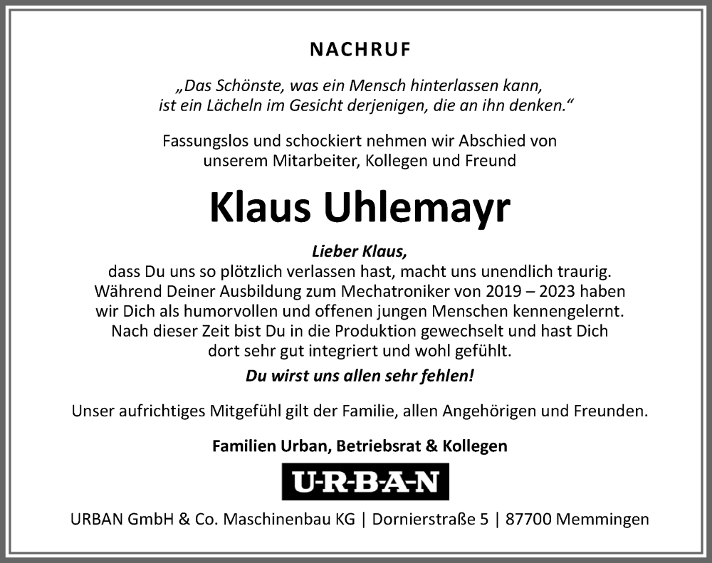  Traueranzeige für Klaus Uhlemayr vom 11.05.2024 aus Allgäuer Zeitung,Kempten
