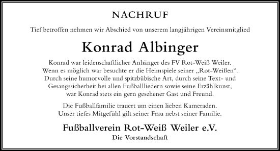 Traueranzeige von Konrad Albinger von Der Westallgäuer