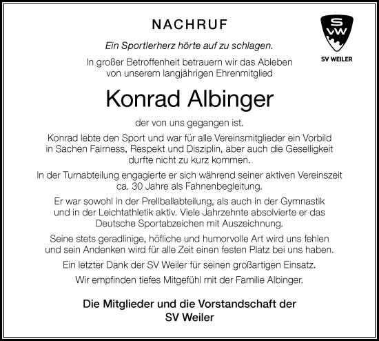 Traueranzeige von Konrad Albinger von Der Westallgäuer