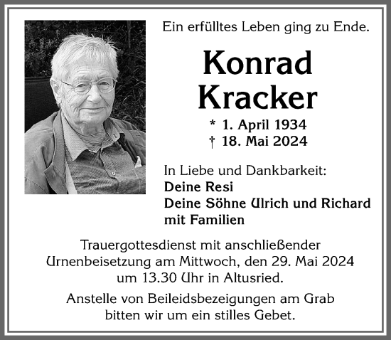 Traueranzeige von Konrad Kracker von Allgäuer Zeitung,Kempten