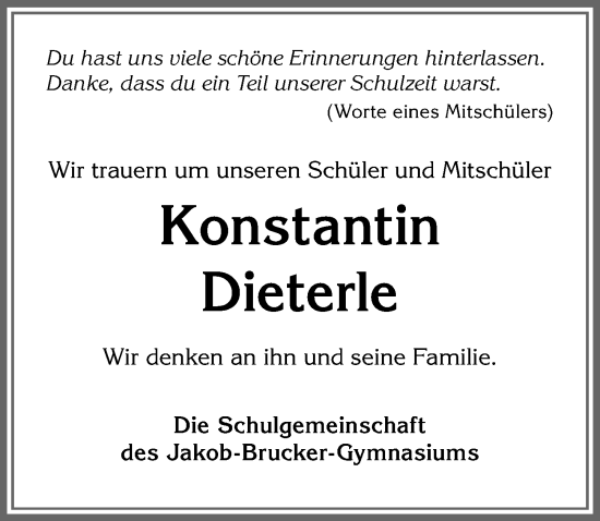 Traueranzeige von Konstantin Dieterle von Allgäuer Zeitung, Kaufbeuren/Buchloe