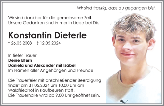Traueranzeige von Konstantin Dieterle von Allgäuer Zeitung, Kaufbeuren/Buchloe