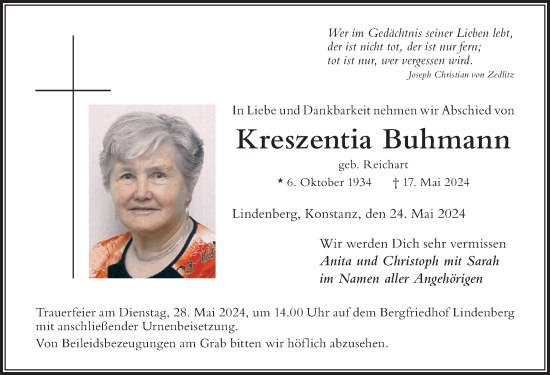 Traueranzeige von Kreszentia Buhmann von Der Westallgäuer