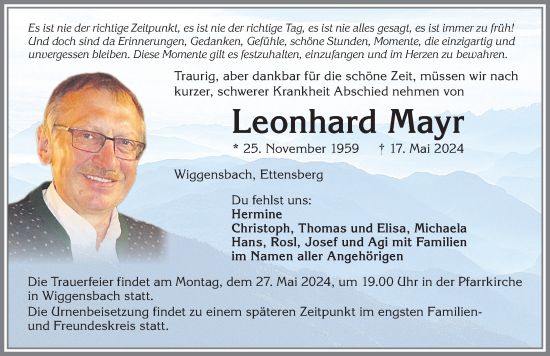 Traueranzeige von Leonhard Mayr von Allgäuer Zeitung,Kempten