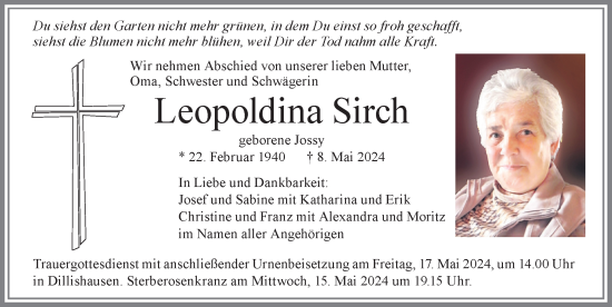 Traueranzeige von Leopoldina Sirch von Allgäuer Zeitung, Kaufbeuren/Buchloe