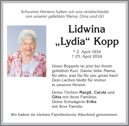 Traueranzeige von Lidwina Kopp von Allgäuer Zeitung,Kempten