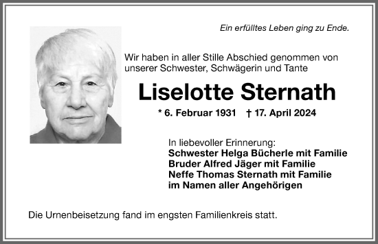 Traueranzeige von Liselotte Sternath von Memminger Zeitung