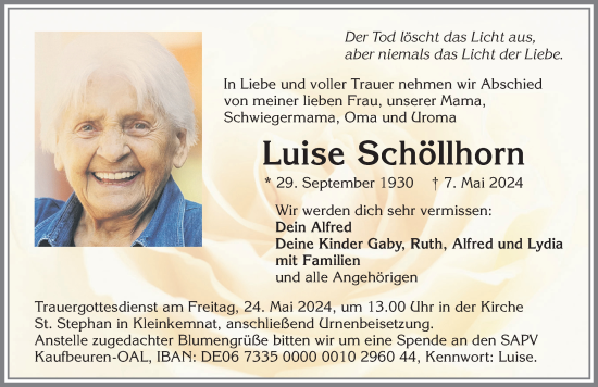 Traueranzeige von Luise Schöllhorn von Allgäuer Zeitung, Kaufbeuren/Buchloe