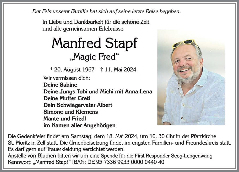  Traueranzeige für Manfred Stapf vom 15.05.2024 aus Allgäuer Zeitung, Füssen
