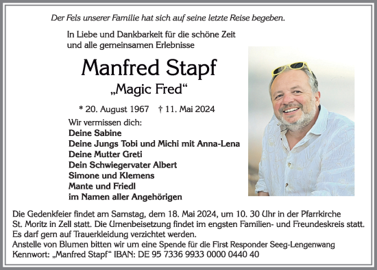 Traueranzeige von Manfred Stapf von Allgäuer Zeitung, Füssen