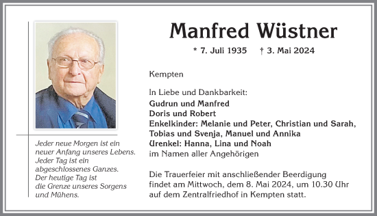 Traueranzeige von Manfred Wüstner von Allgäuer Zeitung,Kempten