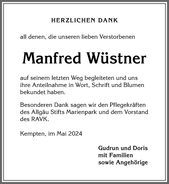 Traueranzeige von Manfred Wüstner von Allgäuer Zeitung,Kempten