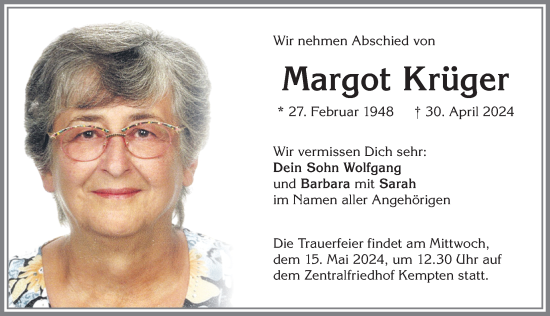 Traueranzeige von Margot Krüger von Allgäuer Zeitung,Kempten