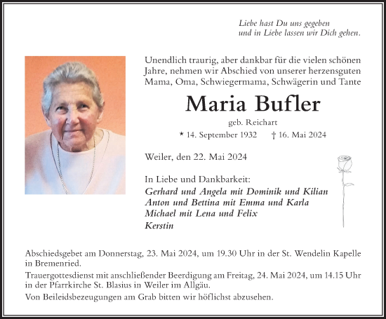 Traueranzeige von Maria Bufler von Der Westallgäuer