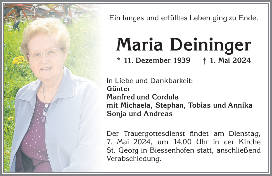 Traueranzeige von Maria Deininger von Allgäuer Zeitung, Marktoberdorf