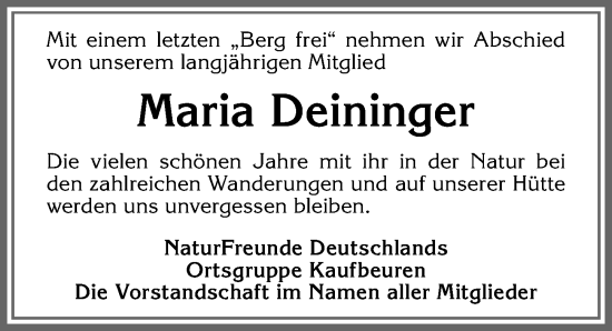 Traueranzeige von Maria Deininger von Allgäuer Zeitung, Kaufbeuren/Buchloe
